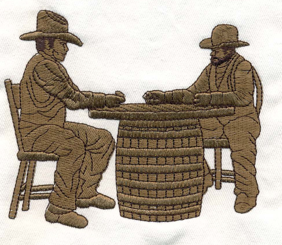 Precision Embroidery Digitizing with two men sewn on Brother using Wilcom EMB